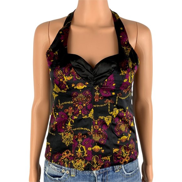 **SOLD**Bebe Silk Halter Bustier Corset Top Size Small Black Plum Back Zip Boned - Picture 14 of 16